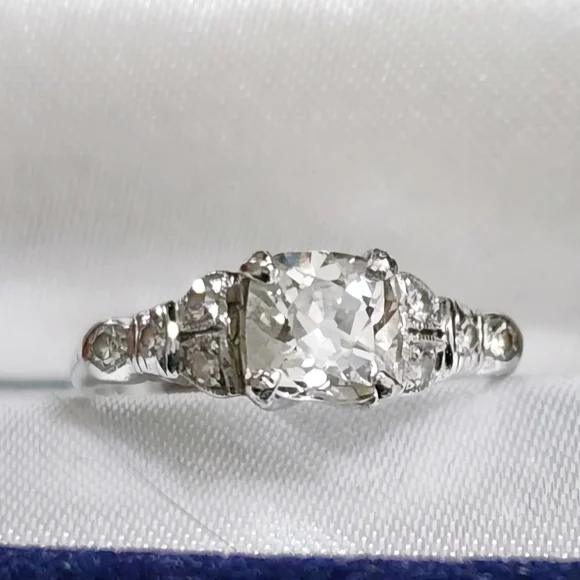 VINTAGE Platinum Cushion Cut Diamond Engagement Ring circ 1920's - Picture 1 of 9